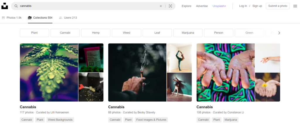 unsplash cannabis stock images screenshot
